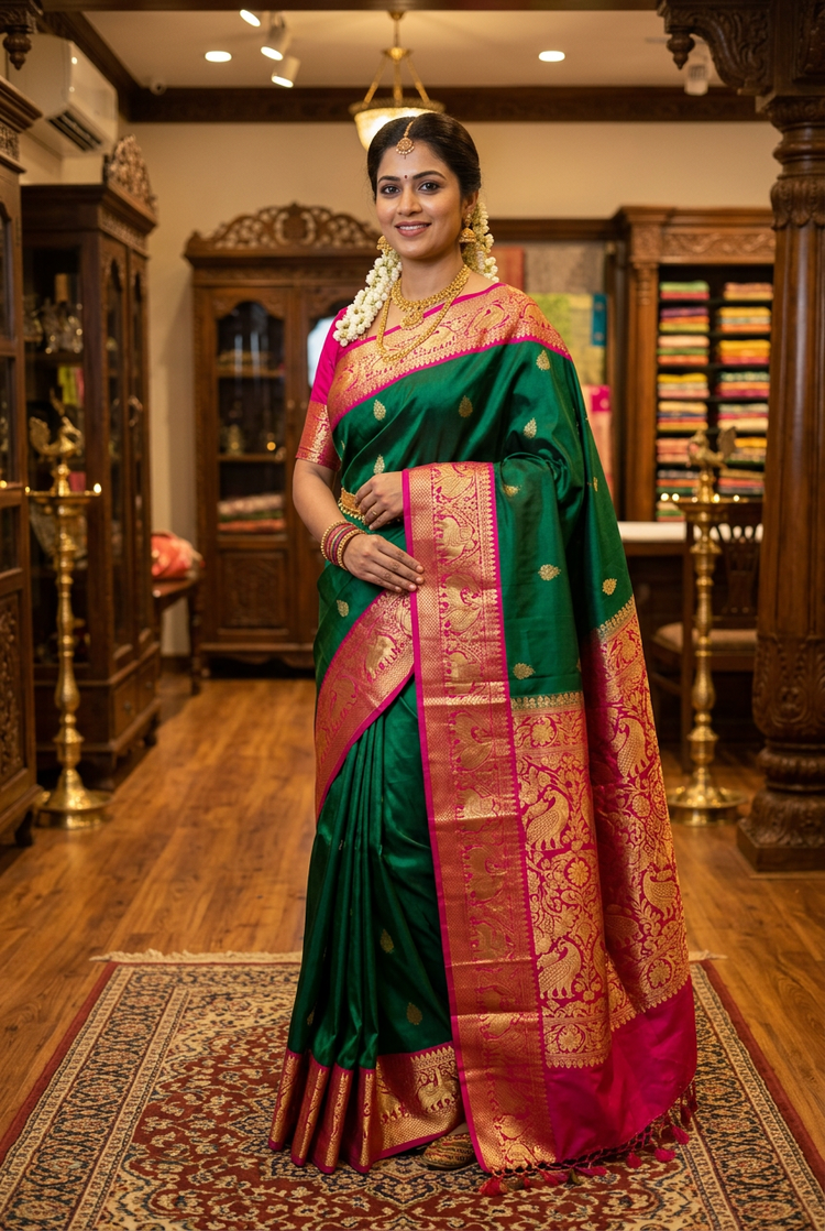 Emerald green Dharmavaram silk saree with rani pink border