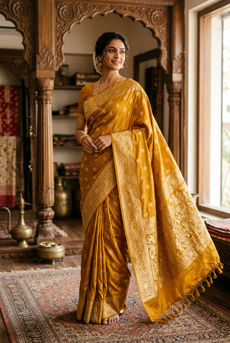 Sample — Mustard Yellow Banarasi-style Occasion Saree