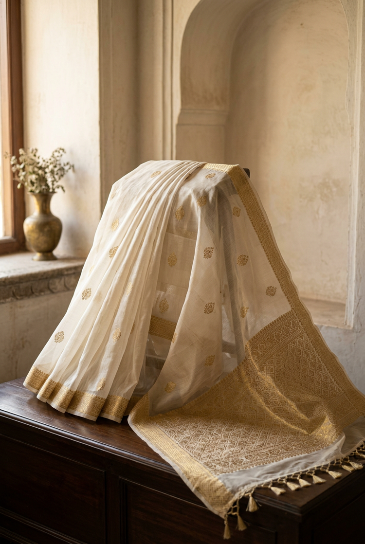 Sample — Ivory and Gold Chanderi-inspired Saree
