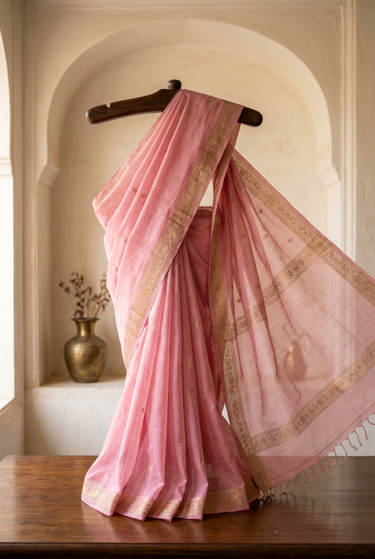 Sample — Rose Pink and Gold Chanderi-inspired Saree