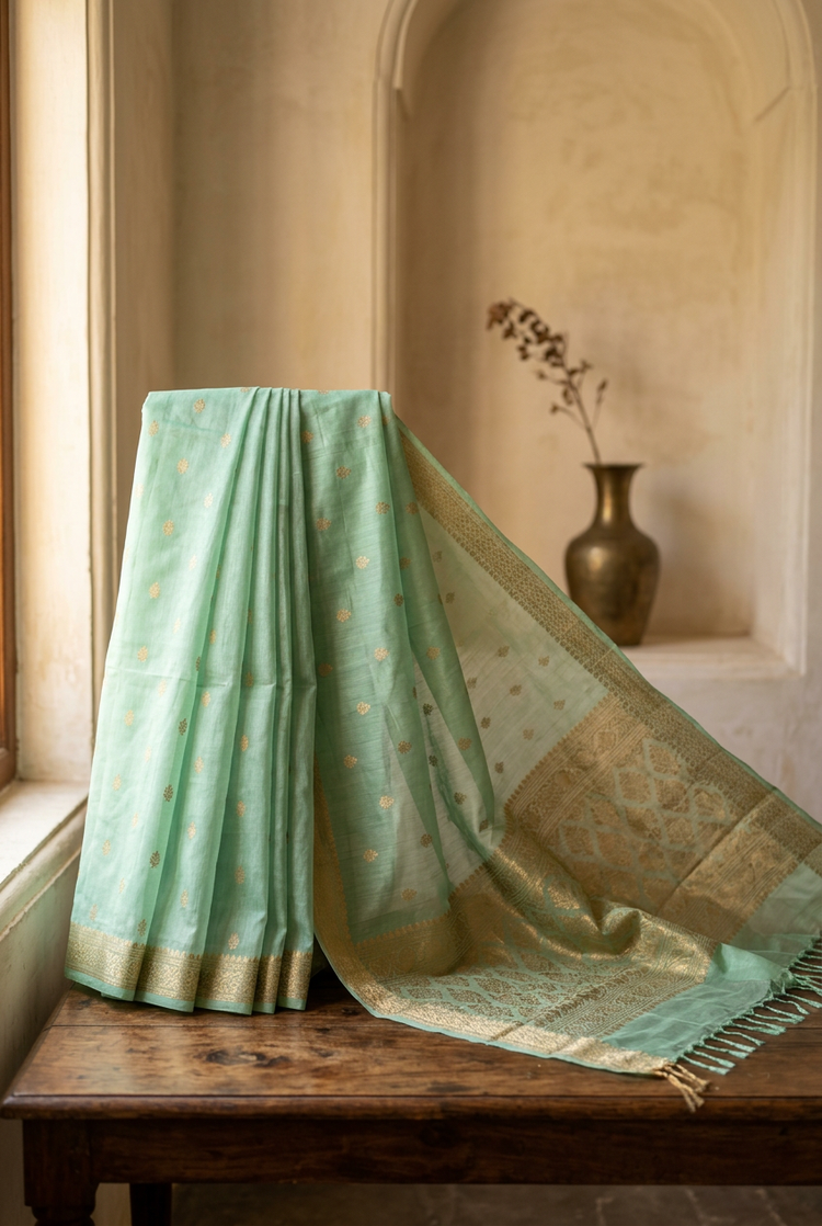 Sample — Mint Green and Gold Chanderi-inspired Saree