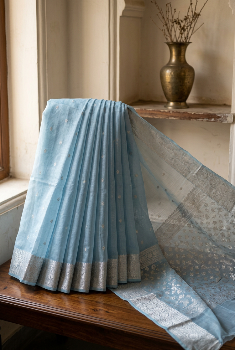 Sample — Powder Blue and Silver Chanderi-inspired Saree