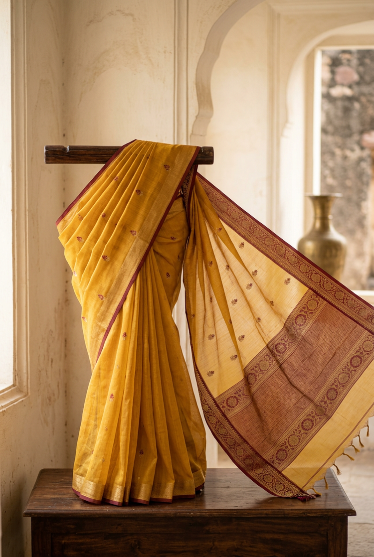 Sample — Mustard Yellow and Burgundy Chanderi-inspired Saree