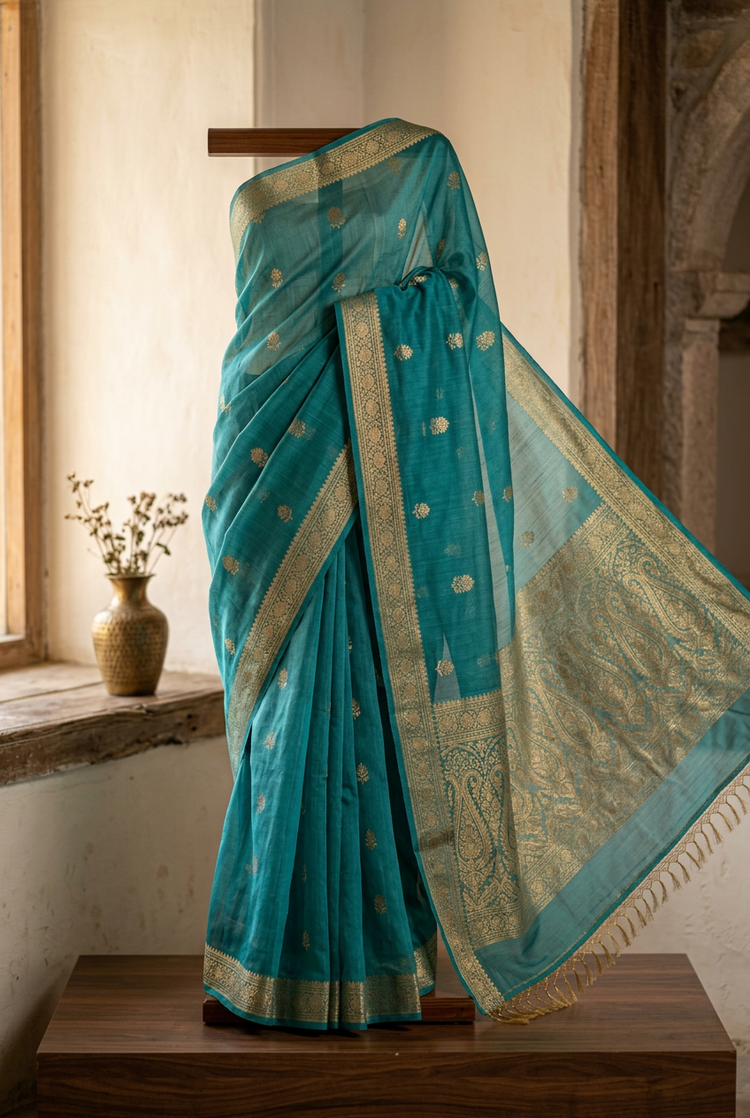 Sample — Teal and Gold Chanderi-inspired Saree