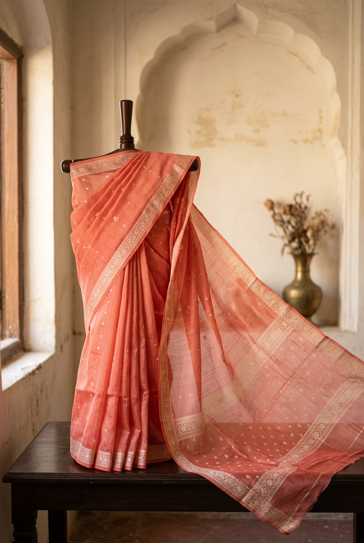 Sample — Coral and Cream Chanderi-inspired Saree