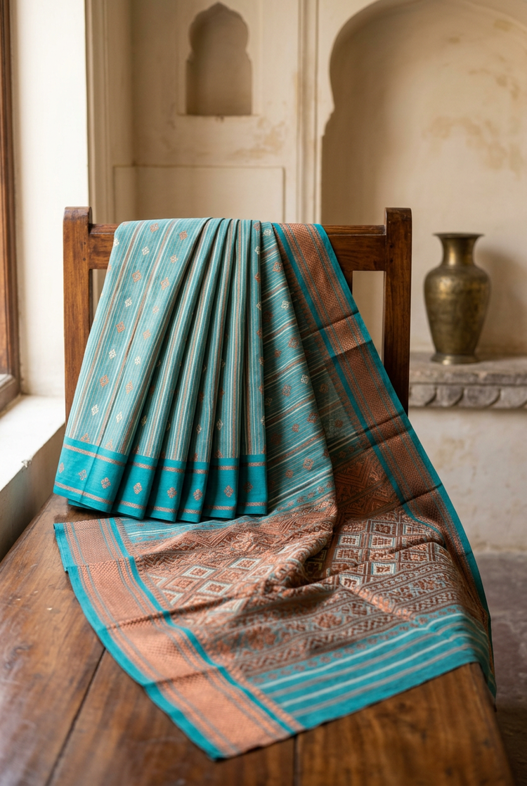 Sample — Turquoise and Copper Cotton-inspired Saree