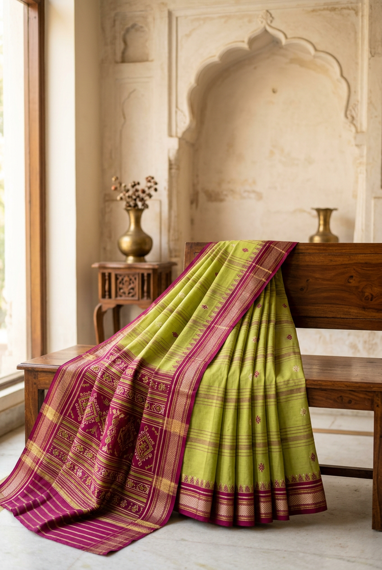 Sample — Lime and Magenta Cotton-inspired Saree