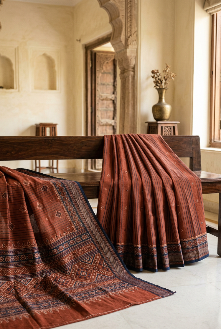 Sample — Rust and Indigo Cotton-inspired Saree