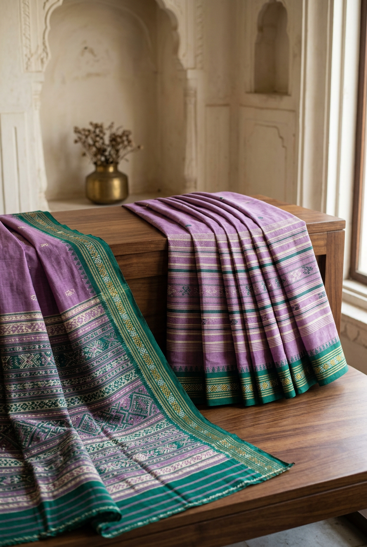 Sample — Lilac and Emerald Cotton-inspired Saree