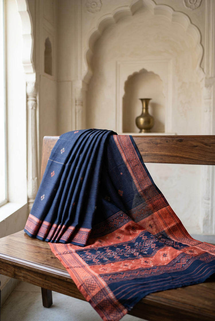 Sample — Navy and Coral Cotton-inspired Saree