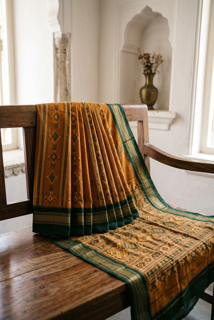 Sample — Ochre and Bottle Green Cotton-inspired Saree
