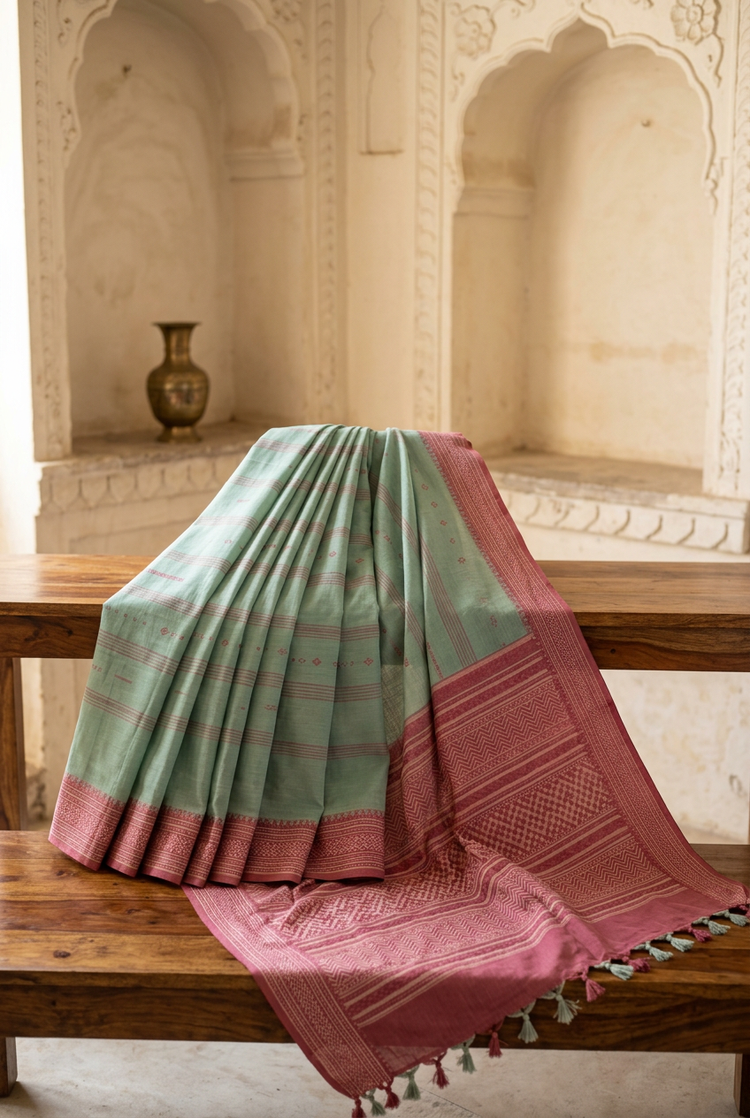 Sample — Seafoam and Rose Cotton-inspired Saree