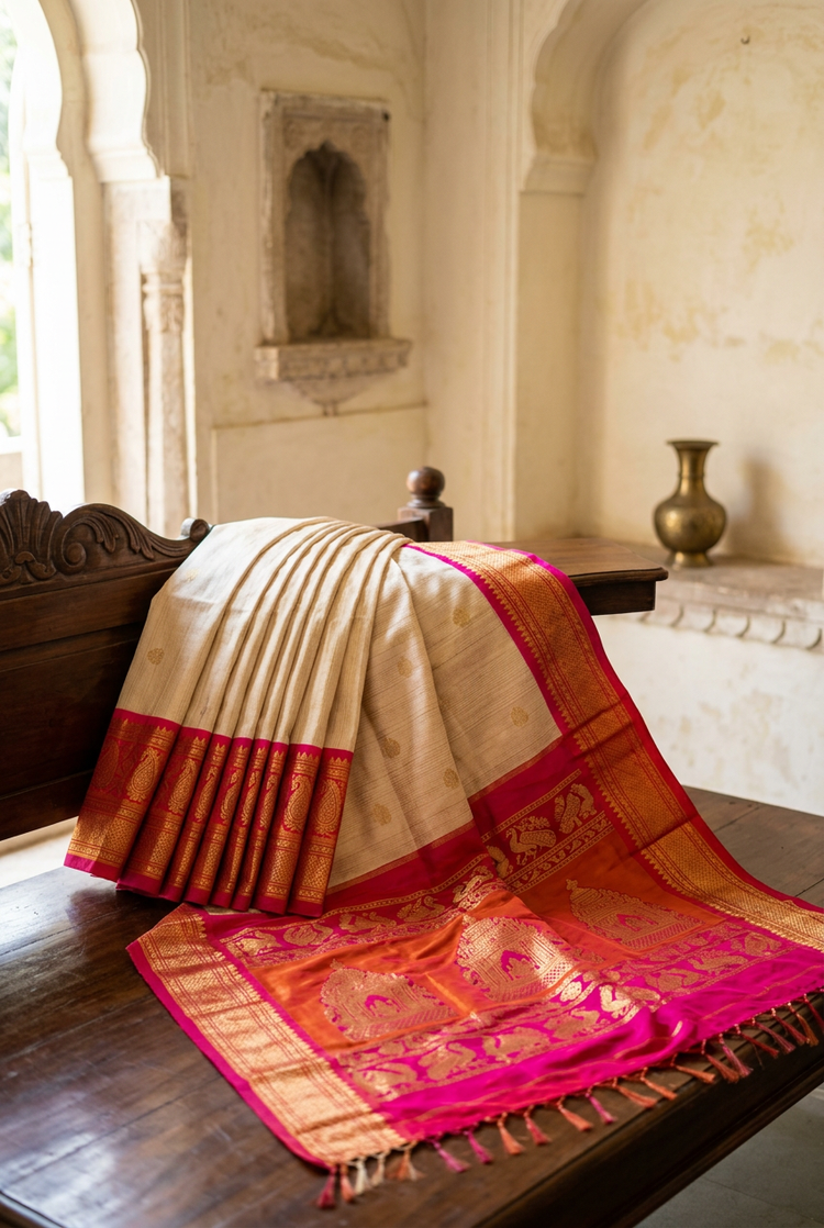 Sample — Fuchsia and Orange Gadwal-inspired Saree
