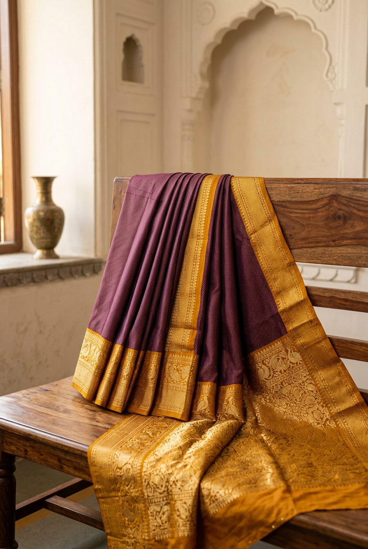 Sample — Plum and Mustard Gadwal-inspired Saree