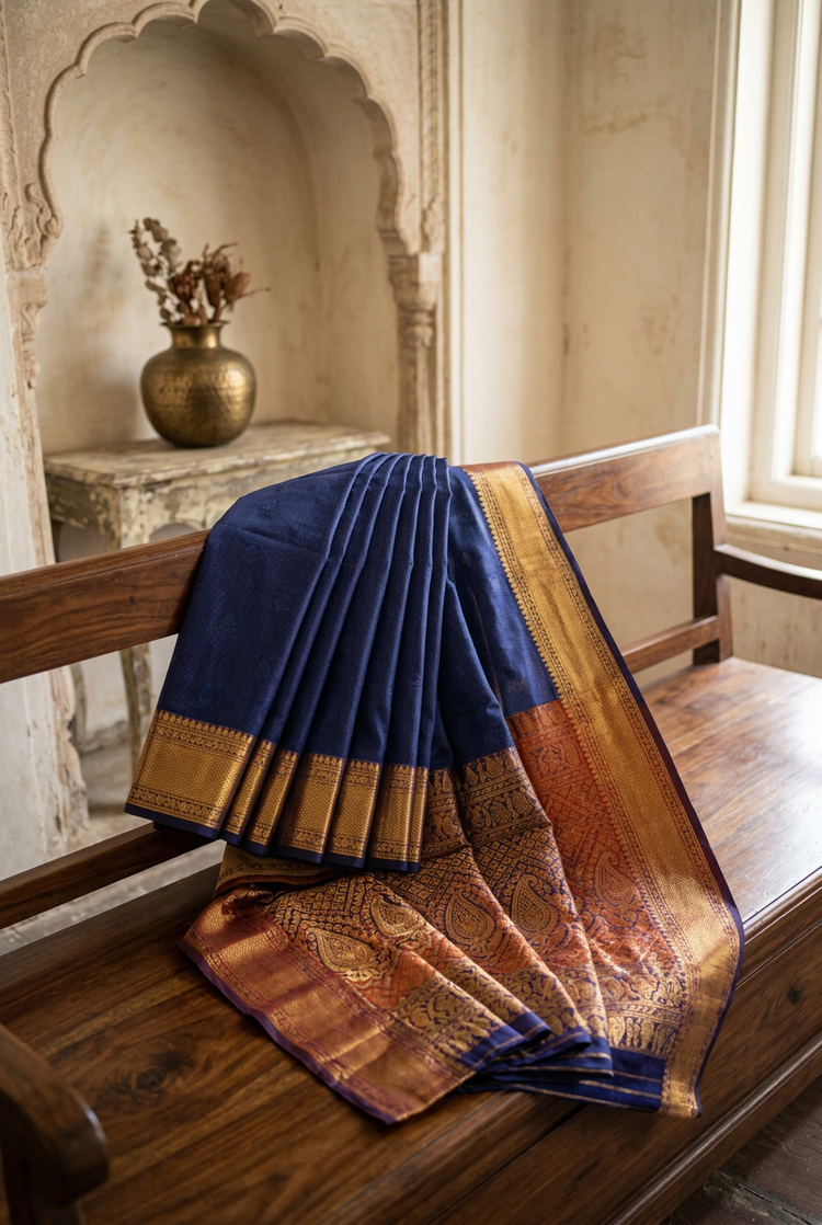 Sample — Rust and Indigo Gadwal-inspired Saree