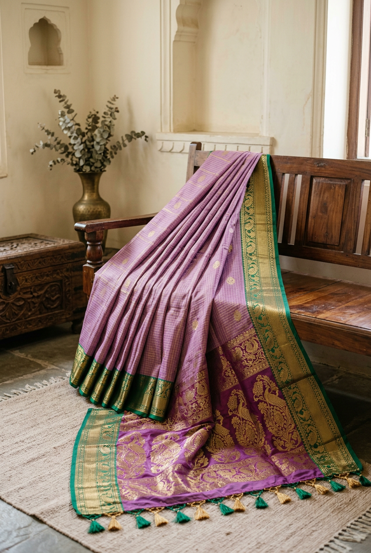 Sample — Lilac and Emerald Gadwal-inspired Saree