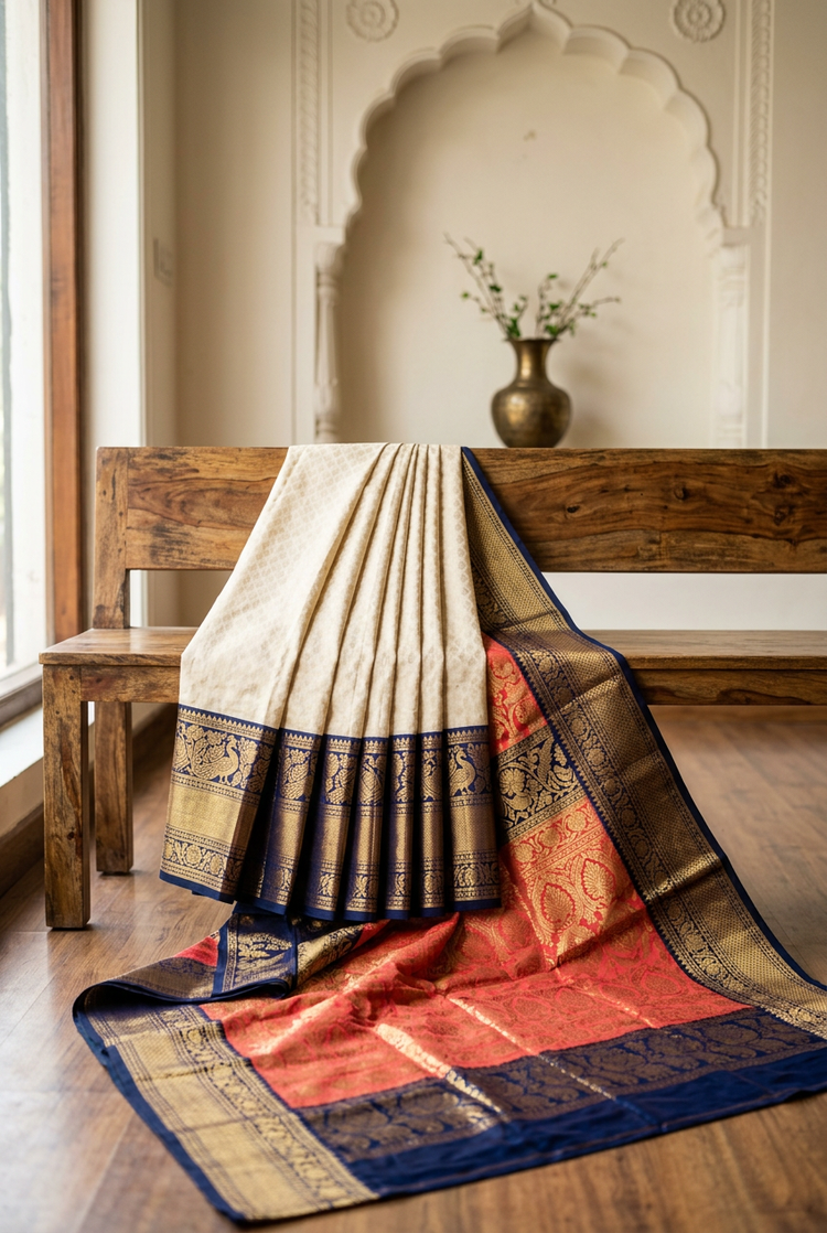 Sample — Navy and Coral Gadwal-inspired Saree