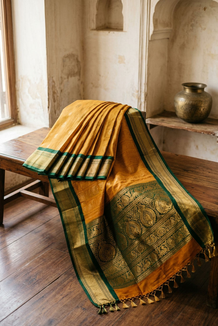 Sample — Ochre and Bottle Green Gadwal-inspired Saree