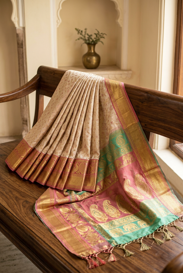 Sample — Seafoam and Rose Gadwal-inspired Saree