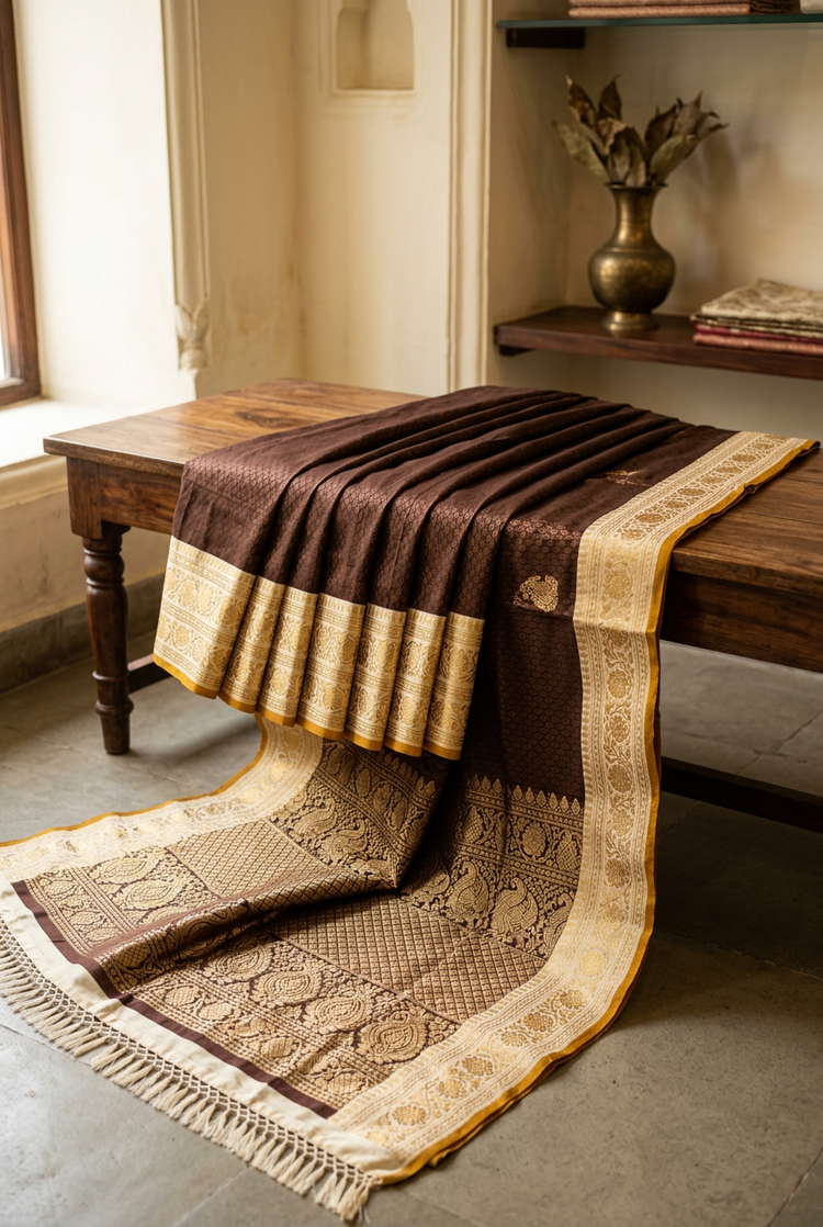 Sample — Chocolate and Cream Gadwal-inspired Saree