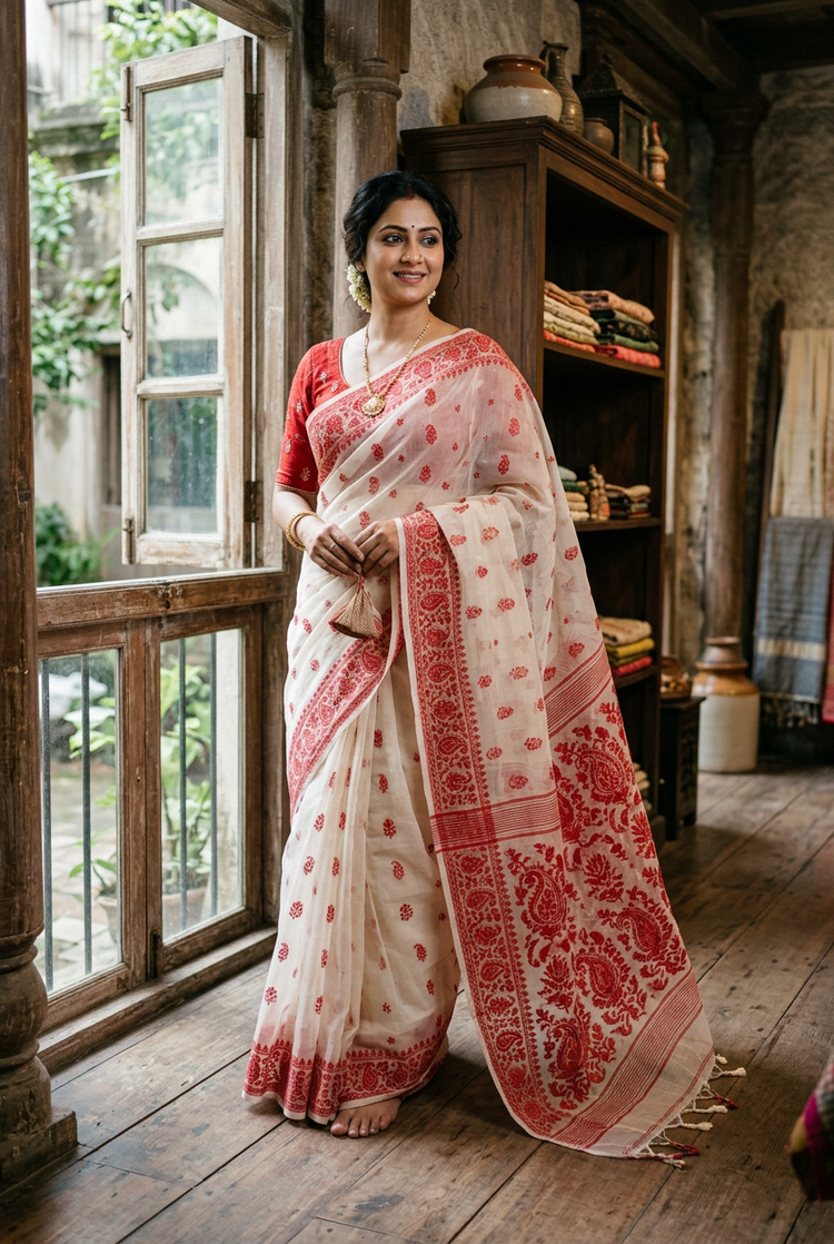 Sample — Ivory and Red Jamdani-style Saree