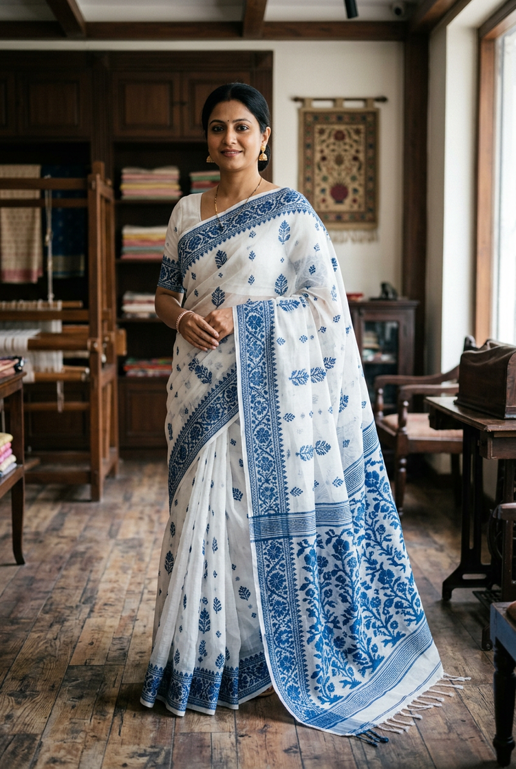 Sample — White and Blue Jamdani-style Saree