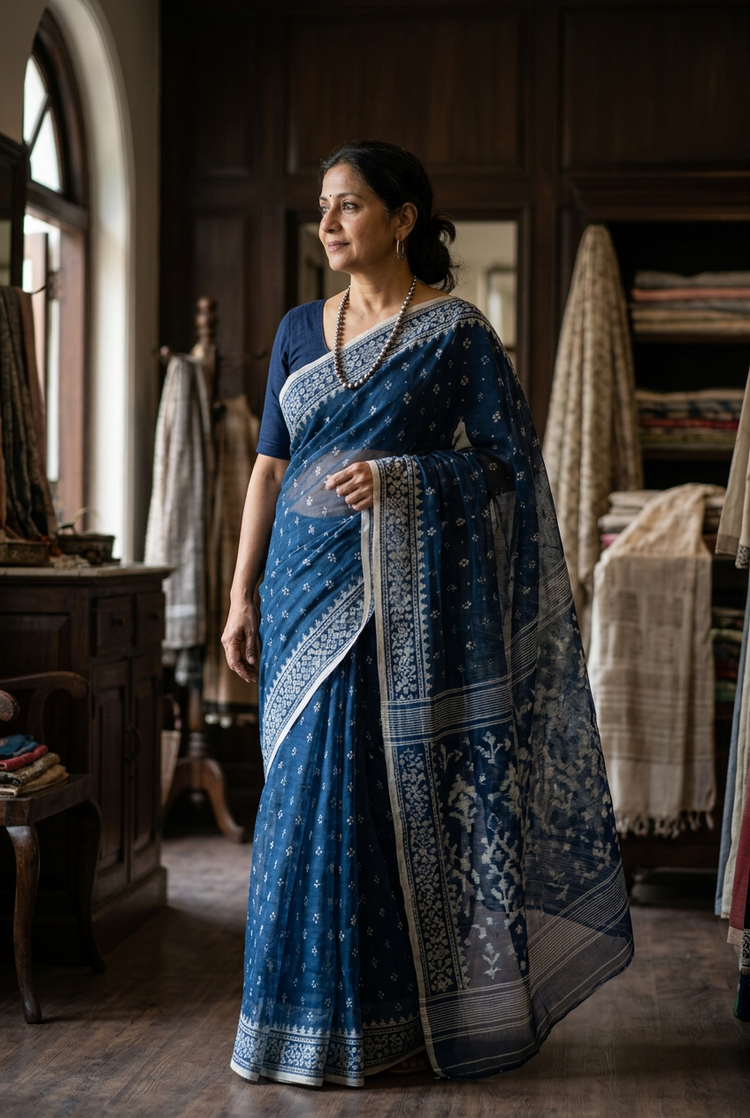 Sample — Indigo and White Jamdani-style Saree