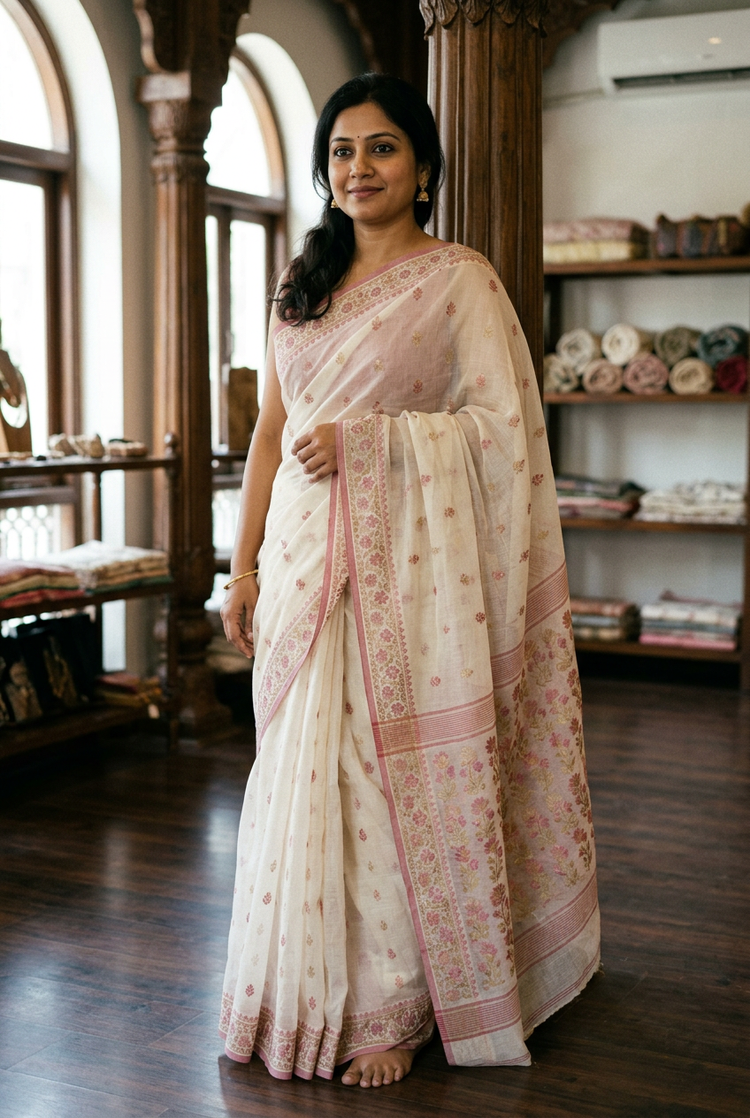 Sample — Rose Pink and Cream Jamdani-style Saree