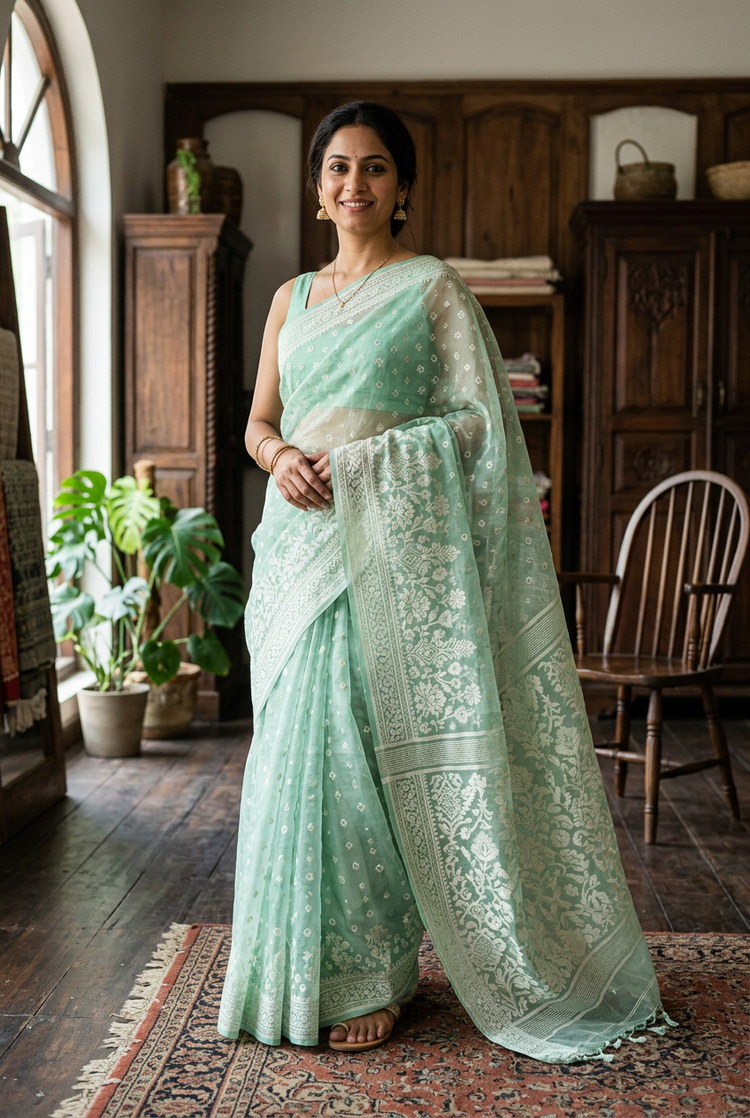 Sample — Mint Green and Ivory Jamdani-style Saree
