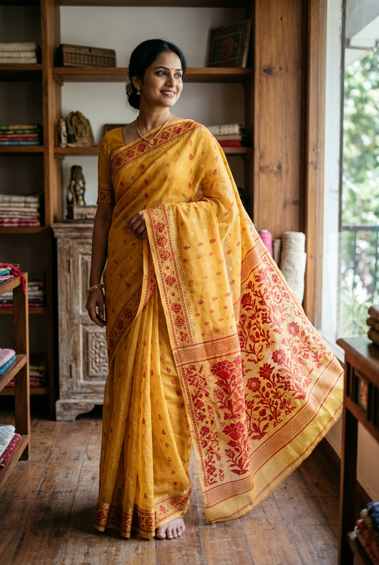Sample — Mustard Yellow and Red Jamdani-style Saree