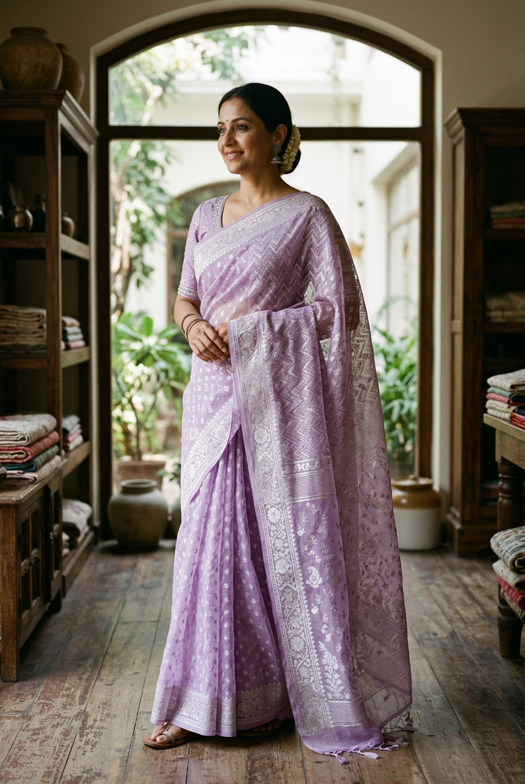 Sample — Lavender and Silver Jamdani-style Saree