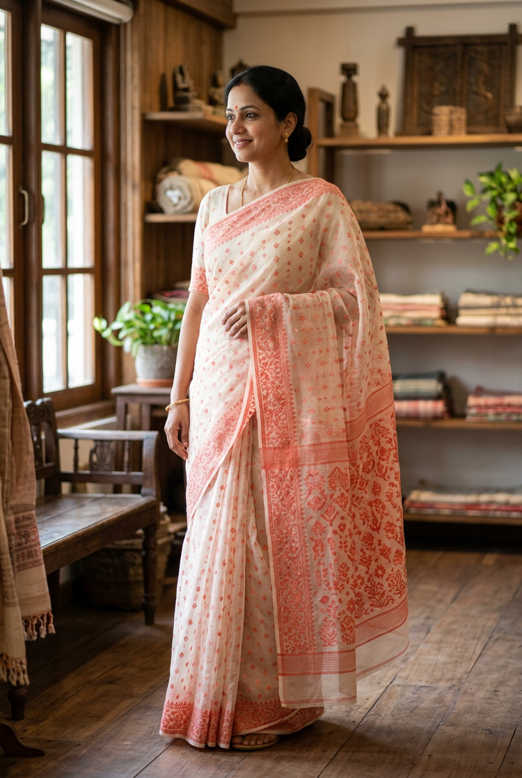 Sample — Coral and Cream Jamdani-style Saree