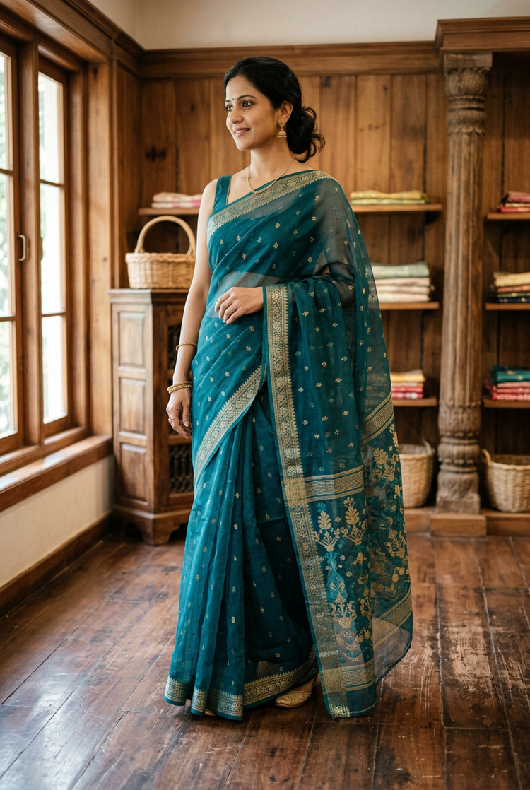 Sample — Teal and Gold Jamdani-style Saree