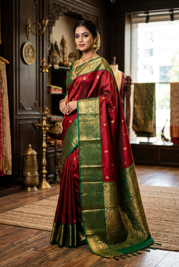 Sample — Ruby Red with Emerald Border Kanchipuram-style Saree
