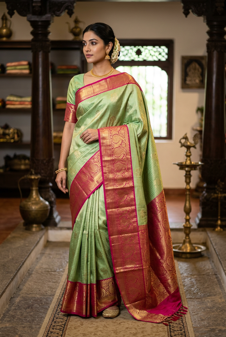 Sample — Pista Green with Rose Pink Border Kanchipuram-style Saree