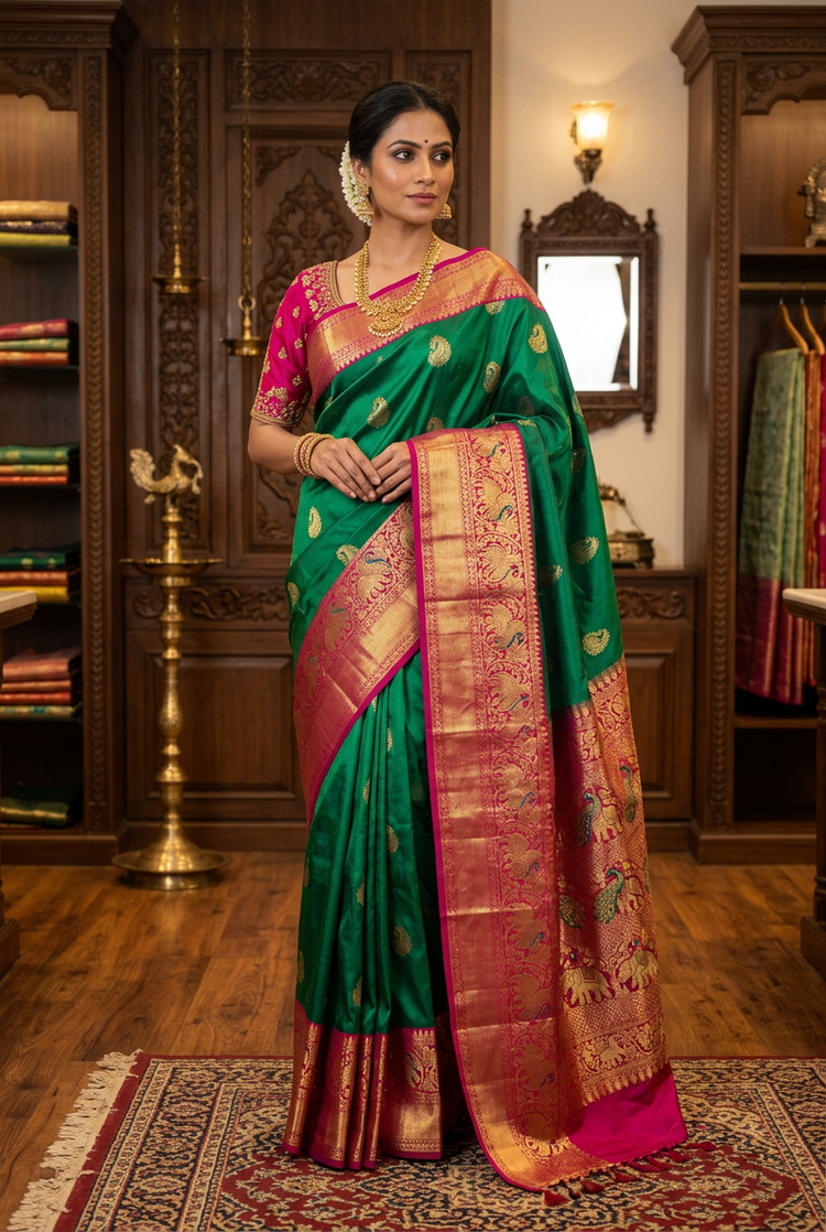 Sample — Emerald Green with Rani Pink Border Kanchipuram-style Saree