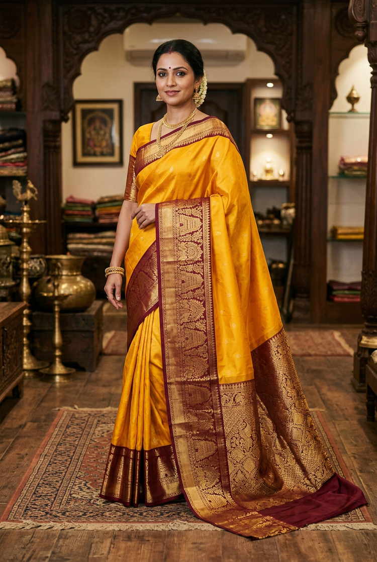 Sample — Mango Yellow with Burgundy Border Kanchipuram-style Saree