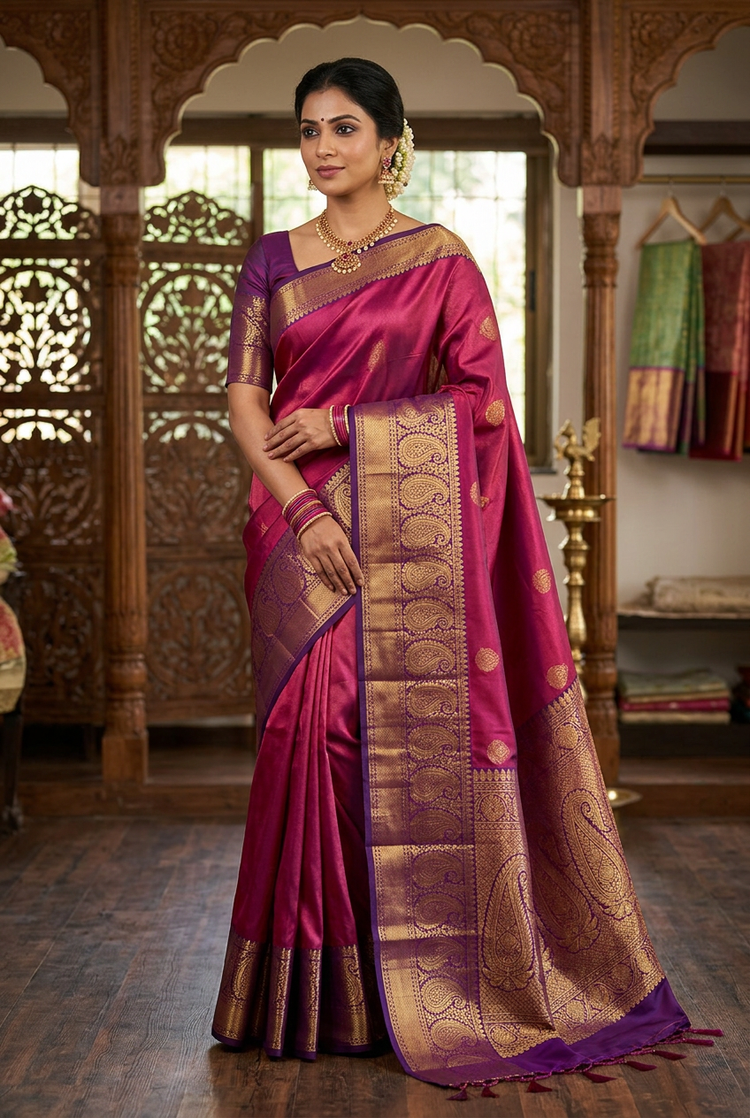 Sample — Rani Pink with Purple Border Kanchipuram-style Saree