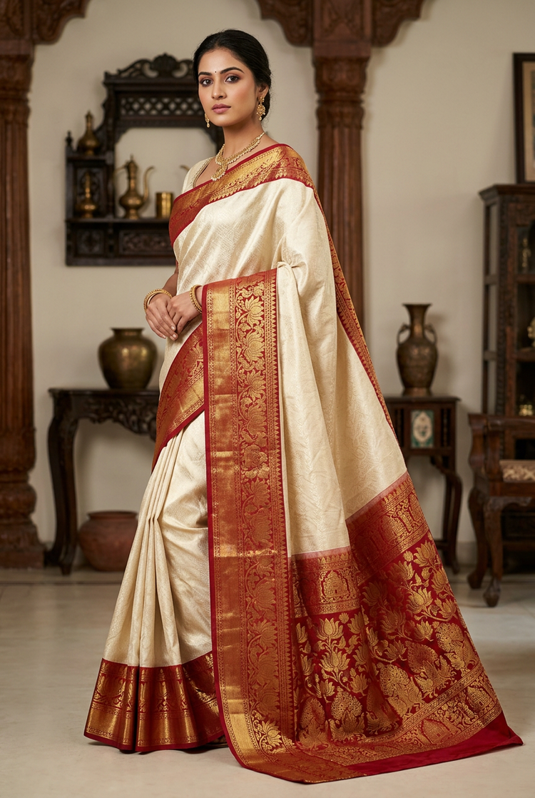 Sample — Ivory with Red Border Kanchipuram-style Saree