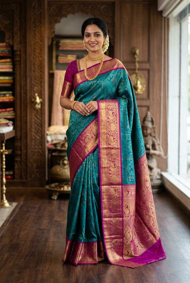 Sample — Peacock Teal with Magenta Border Kanchipuram-style Saree