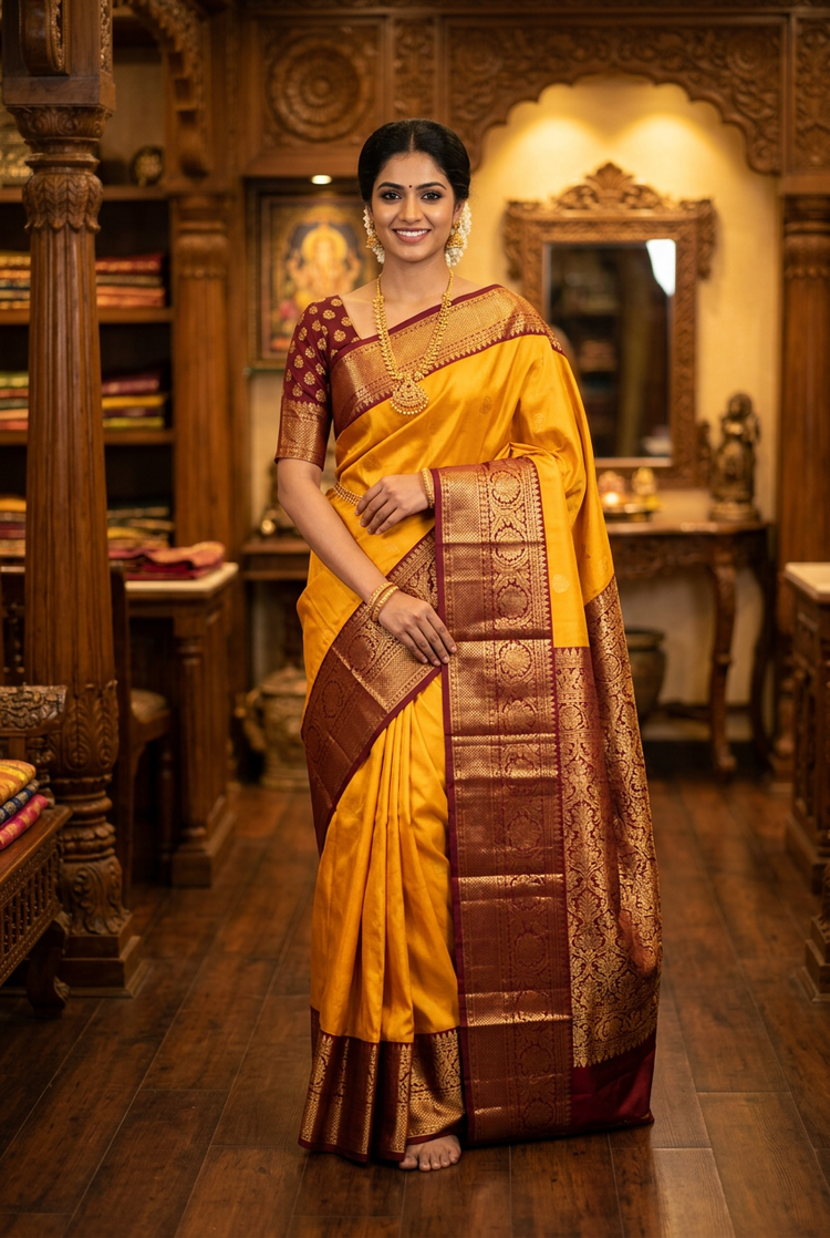 Mango Yellow Dharmavaram Pattu Saree with Maroon Border