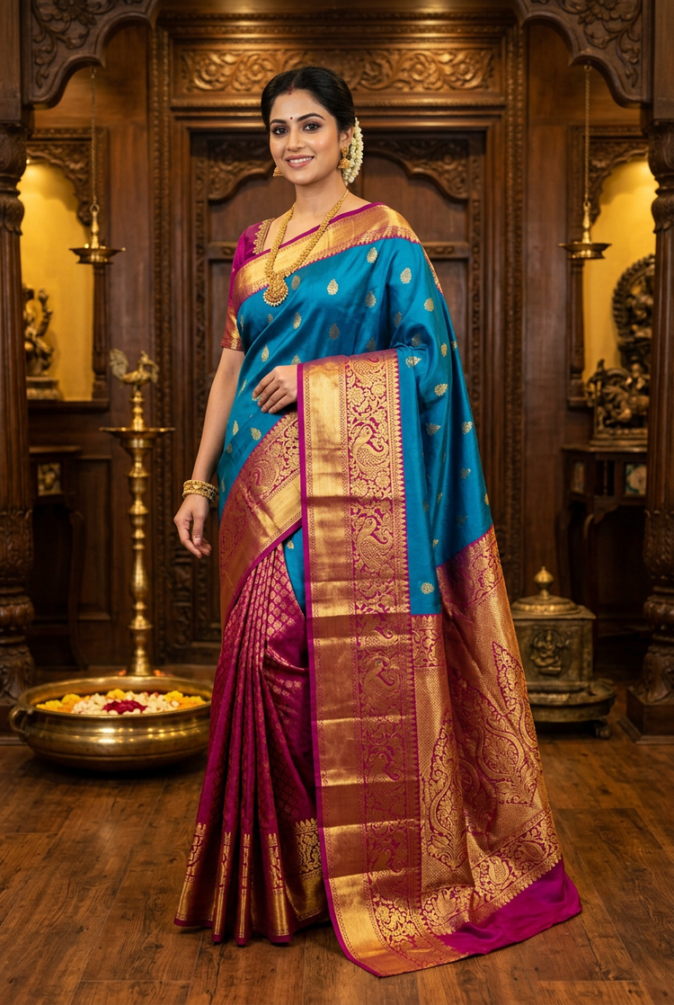 Peacock Blue and Magenta Half and Half Dharmavaram Silk Saree