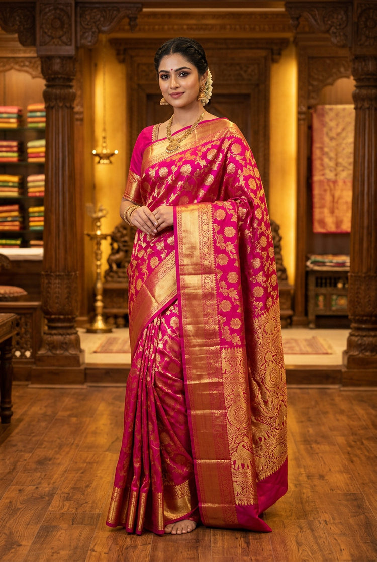 Rani Pink Dharmavaram Silk Saree with Temple Border