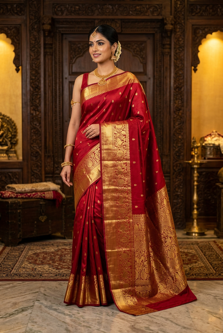 Ruby Red Dharmavaram Pattu Saree with Gold Zari Border